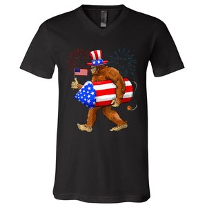 Bigfoot American Flag Funny 4th Of July Sasquatch Believe V-Neck T-Shirt