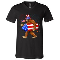 Bigfoot American Flag Funny 4th Of July Sasquatch Believe V-Neck T-Shirt