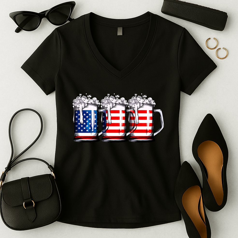 Beer American Flag 4th Of July Merica Drinking Usa Women's V-Neck T-Shirt