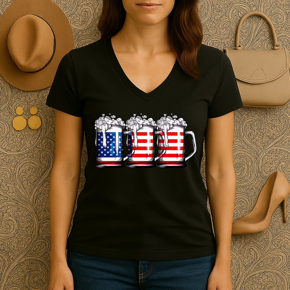 Beer American Flag 4th Of July Merica Drinking Usa Women's V-Neck T-Shirt