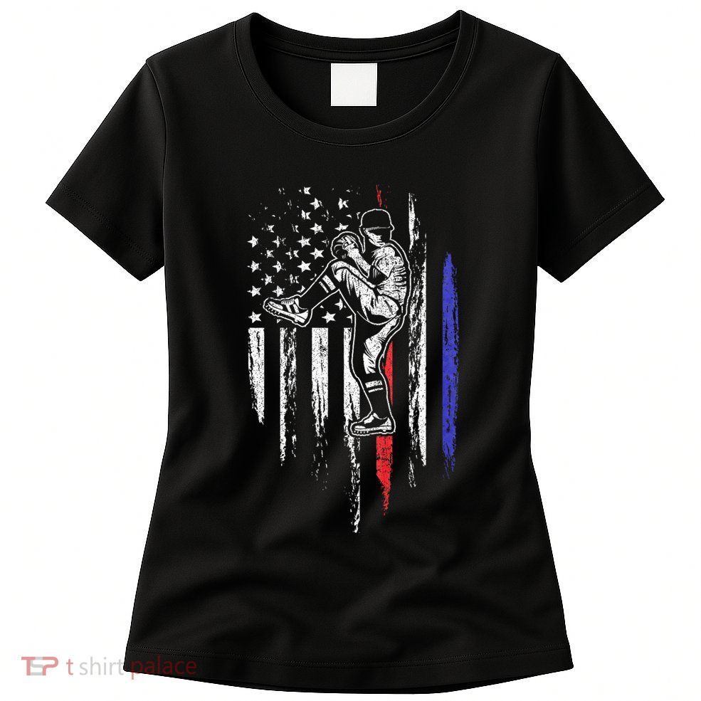 Baseball American Flag Pitcher Usa Pitching 4th Of July Gift Womens T-Shirt