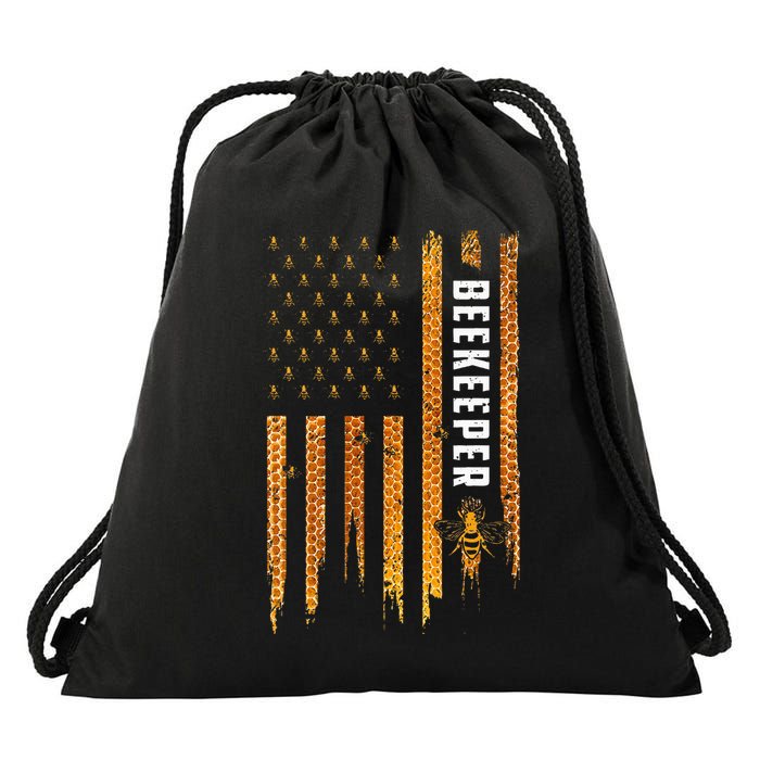 Beekeeping American Flag Honeycomb Honey Bees Drawstring Bag