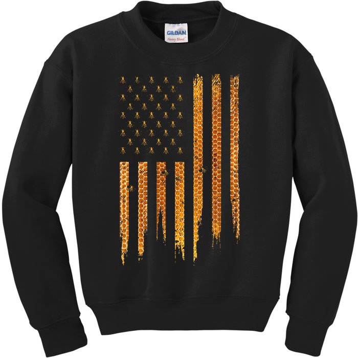 Beekeeping American Flag Honeycomb Honey Bees Beekeeper Kids Sweatshirt