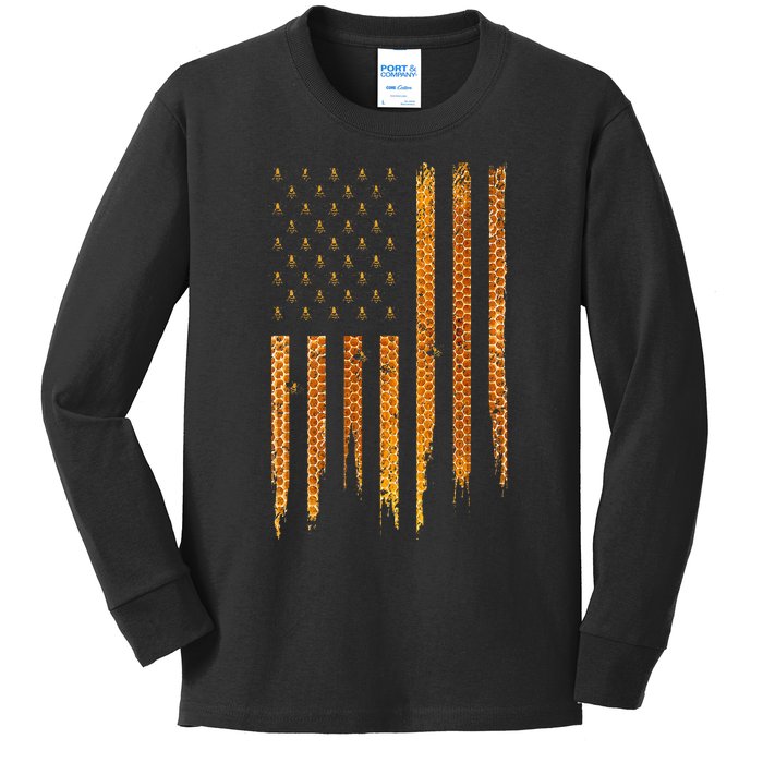 Beekeeping American Flag Honeycomb Honey Bees Beekeeper Kids Long Sleeve Shirt