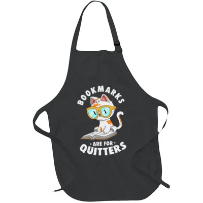 Bookmarks Are For Quitters Cute Nerdy Kitty Bookworm Full-Length Apron With Pockets