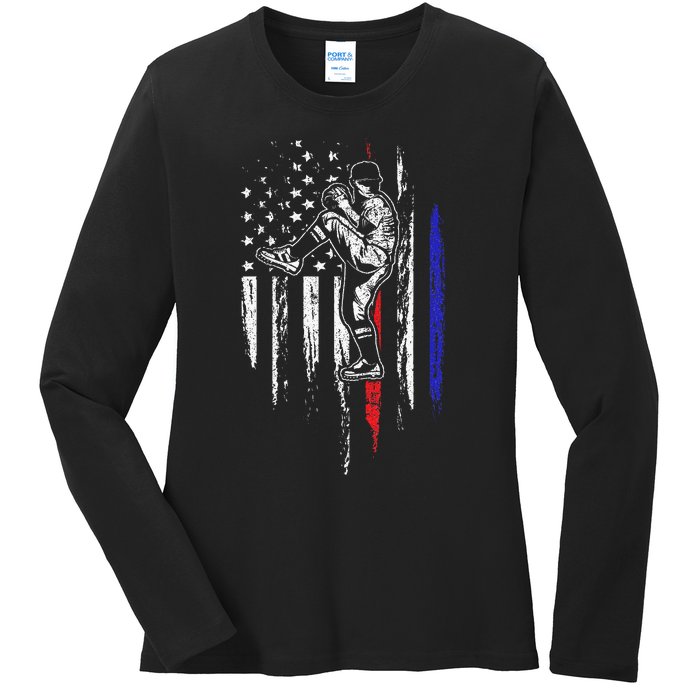 Baseball American Flag Pitcher USA Pitching 4th Of July Gift Ladies Long Sleeve Shirt