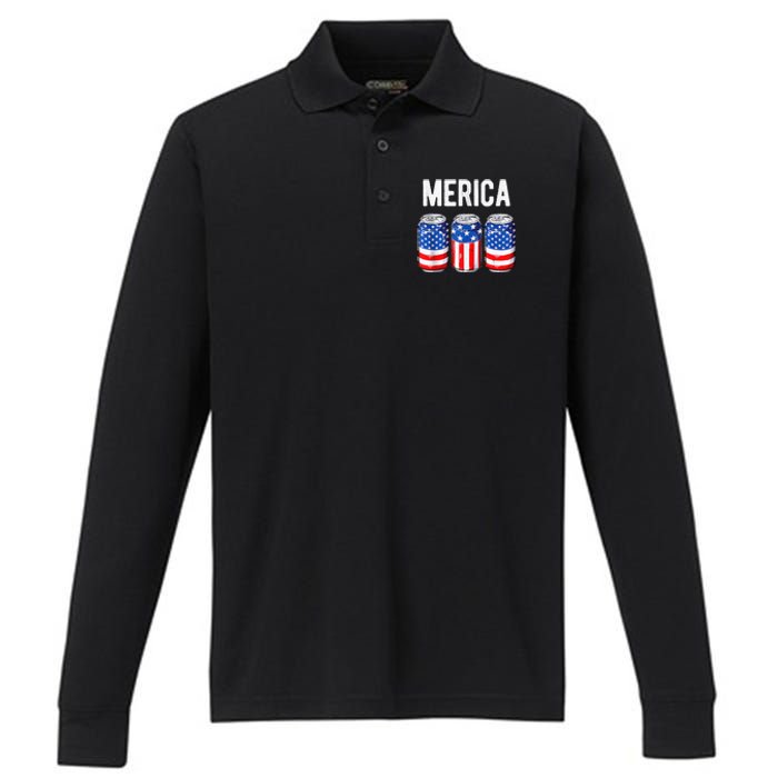 beer american flag 4th of july  merica usa drinking Performance Long Sleeve Polo