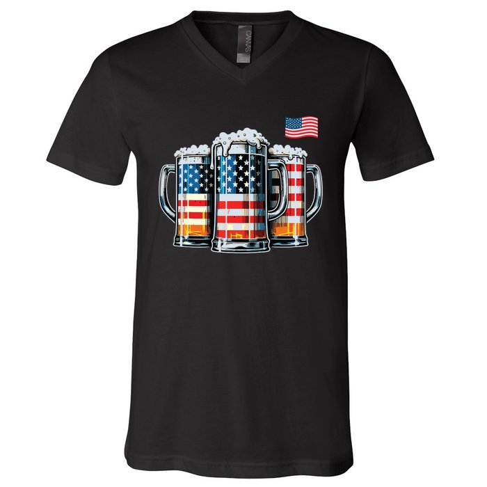 Beer American Flag V-Neck T-Shirt