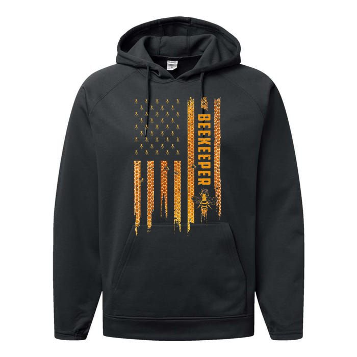 Beekeeping American Flag Honeycomb Honey Bees Beekeeper Performance Fleece Hoodie