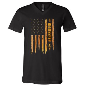 Beekeeping American Flag Honeycomb Honey Bees Beekeeper V-Neck T-Shirt