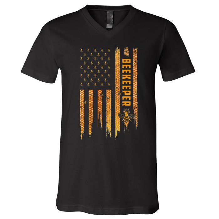 Beekeeping American Flag Honeycomb Honey Bees Beekeeper V-Neck T-Shirt