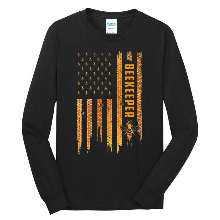 Beekeeping American Flag Honeycomb Honey Bees Beekeeper Tall Long Sleeve T-Shirt