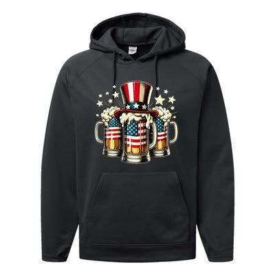 Beer American Flag Usa 4th Of July Party Drinking Gift Performance Fleece Hoodie