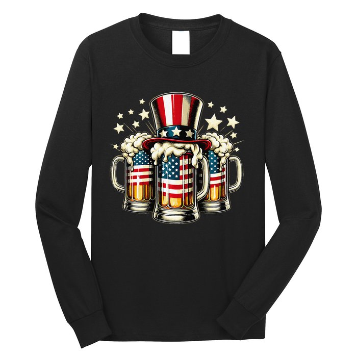 Beer American Flag Usa 4th Of July Party Drinking Gift Long Sleeve Shirt