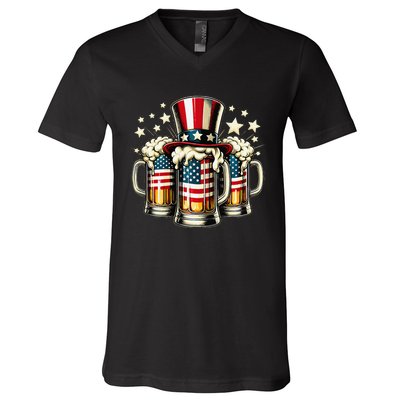 Beer American Flag Usa 4th Of July Party Drinking Gift V-Neck T-Shirt