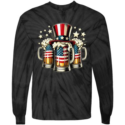 Beer American Flag Usa 4th Of July Party Drinking Gift Tie-Dye Long Sleeve Shirt