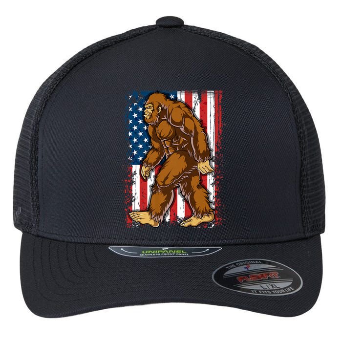 Bigfoot American Flag 4th Of July Sasquatch Flexfit Unipanel Trucker Cap