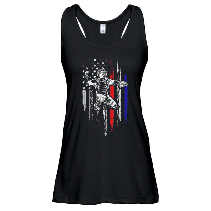 Baseball American Flag Patriotic Catcher 4th Of July Gifts Ladies Essential Flowy Tank