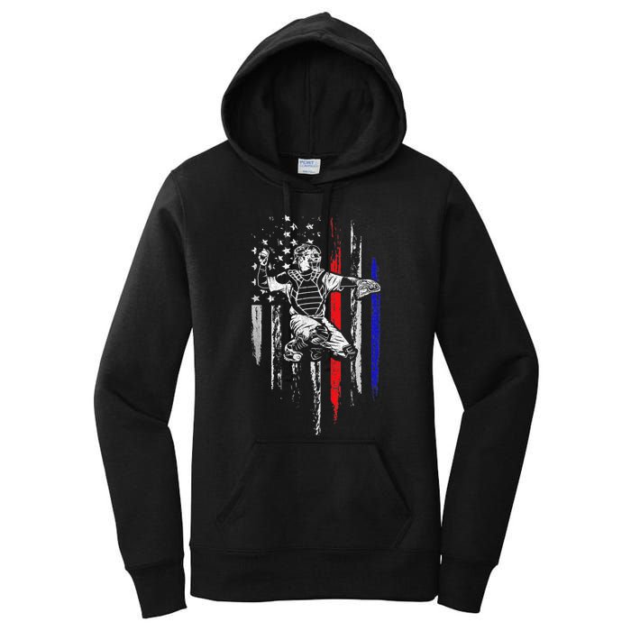 Baseball American Flag Patriotic Catcher 4th Of July Gifts Women's Pullover Hoodie