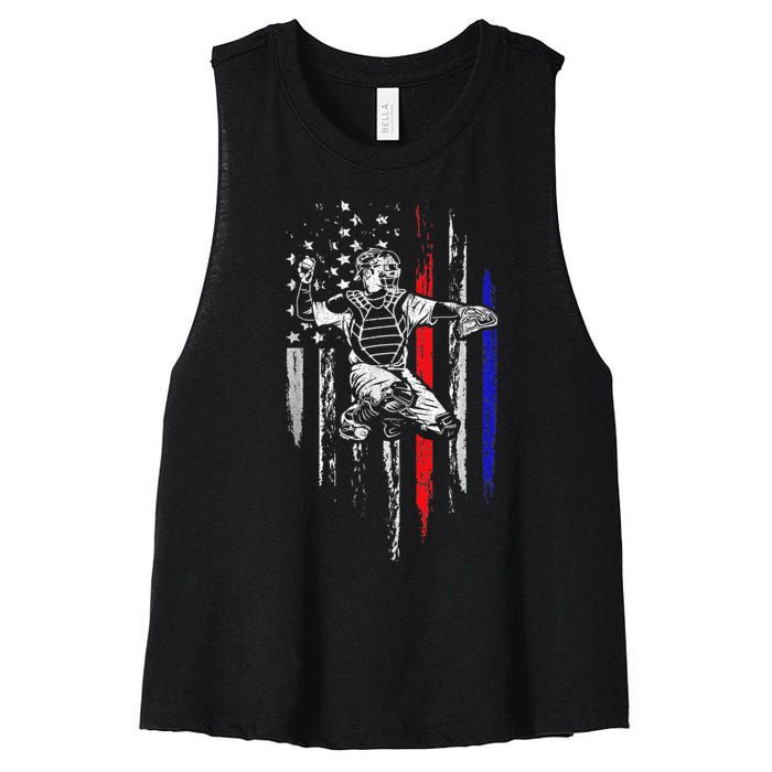 Baseball American Flag Patriotic Catcher 4th Of July Gifts Women's Racerback Cropped Tank