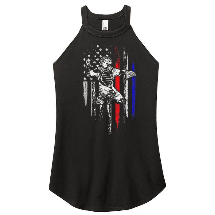 Baseball American Flag Patriotic Catcher 4th Of July Gifts Women's Perfect Tri Rocker Tank