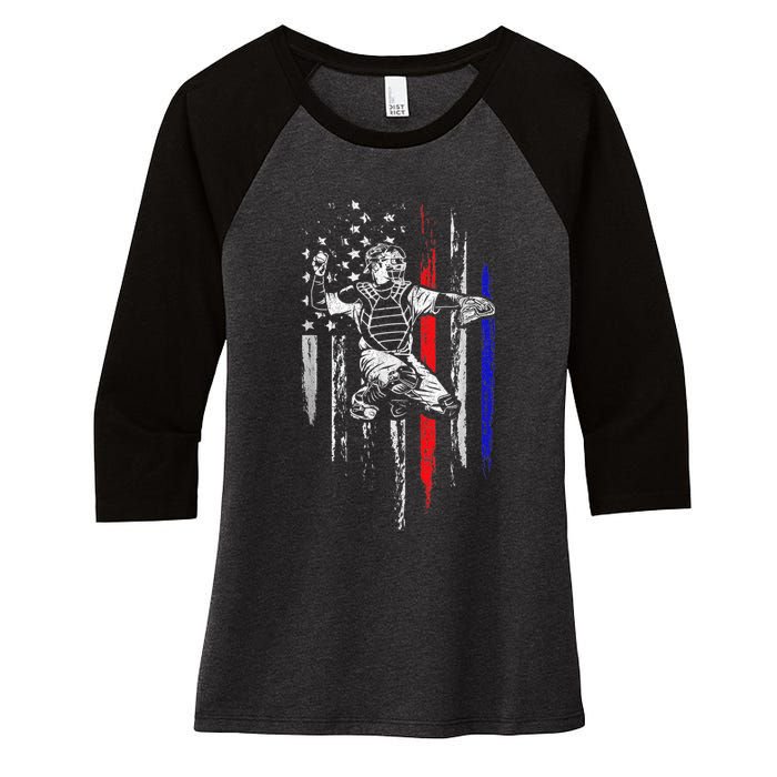 Baseball American Flag Patriotic Catcher 4th Of July Gifts Women's Tri-Blend 3/4-Sleeve Raglan Shirt