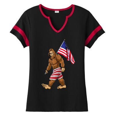 Bigfoot American Flag Gifts 4th July Sasquatch Believe Kids Ladies Halftime Notch Neck Tee