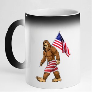 Bigfoot American Flag Gifts 4th July Sasquatch Believe Kids 11oz Black Color Changing Mug