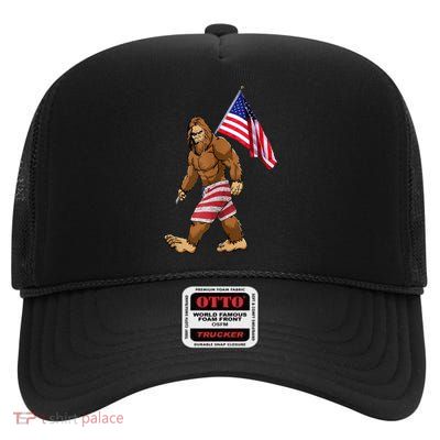 Bigfoot American Flag Gifts 4th July Sasquatch Believe Kids High Crown Mesh Back Trucker Hat