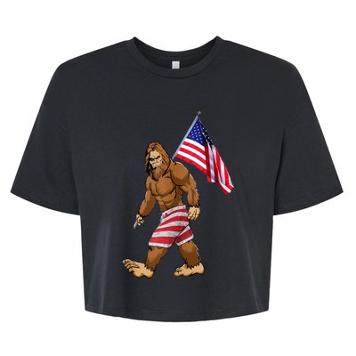 Bigfoot American Flag Gifts 4th July Sasquatch Believe Kids Bella+Canvas Jersey Crop Tee