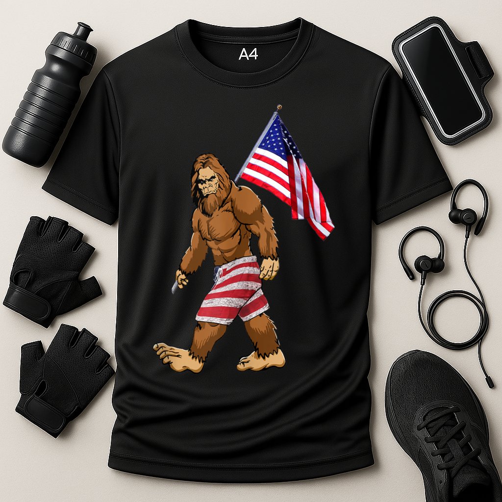 Bigfoot American Flag Gifts 4th July Sasquatch Believe Kids Cooling Performance Crew T-Shirt