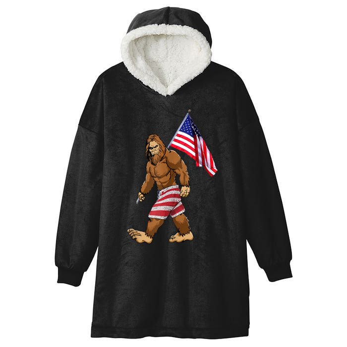 Bigfoot American Flag Gifts 4th July Sasquatch Believe Kids Hooded Wearable Blanket