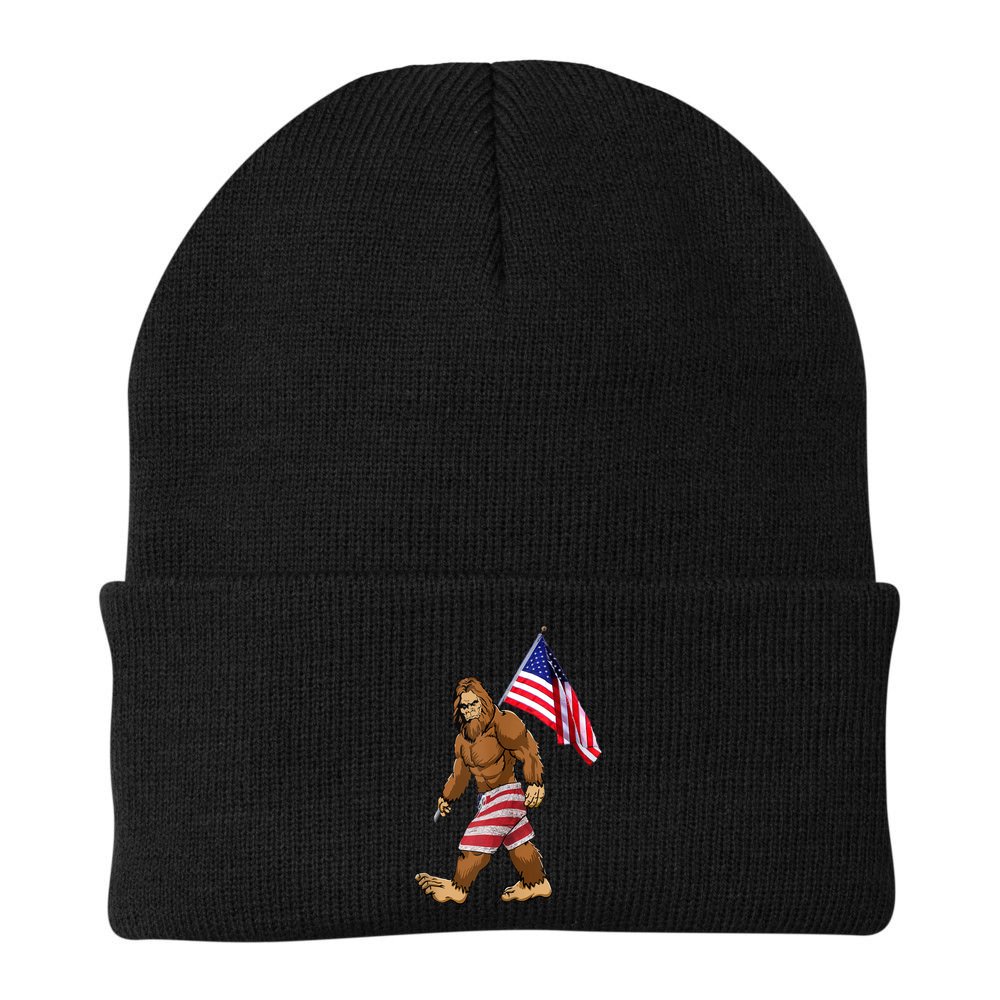 Bigfoot American Flag Gifts 4th July Sasquatch Believe Kids Beanie