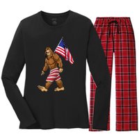 Bigfoot American Flag Gifts 4th July Sasquatch Believe Kids Women's Long Sleeve Flannel Pajama Set 