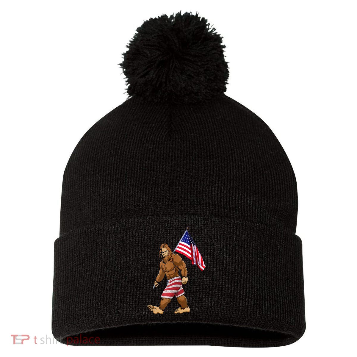 Bigfoot American Flag Gifts 4th July Sasquatch Believe Kids Pom Pom 12in Knit Beanie