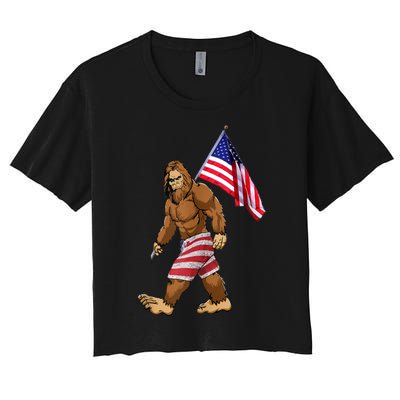 Bigfoot American Flag Gifts 4th July Sasquatch Believe Kids Women's Crop Top Tee