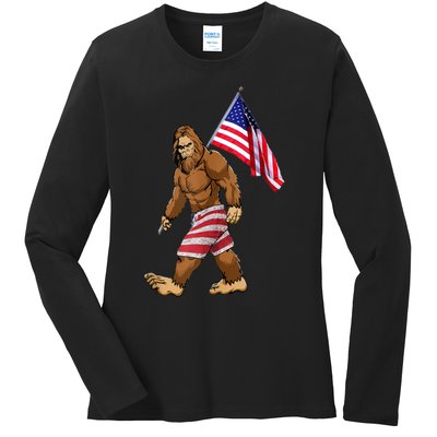 Bigfoot American Flag Gifts 4th July Sasquatch Believe Kids Ladies Long Sleeve Shirt