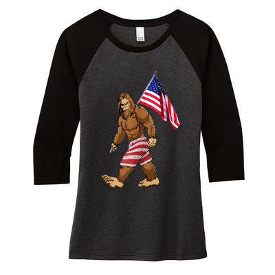 Bigfoot American Flag Gifts 4th July Sasquatch Believe Kids Women's Tri-Blend 3/4-Sleeve Raglan Shirt