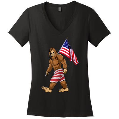 Bigfoot American Flag Gifts 4th July Sasquatch Believe Kids Women's V-Neck T-Shirt