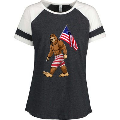 Bigfoot American Flag Gifts 4th July Sasquatch Believe Kids Enza Ladies Jersey Colorblock Tee