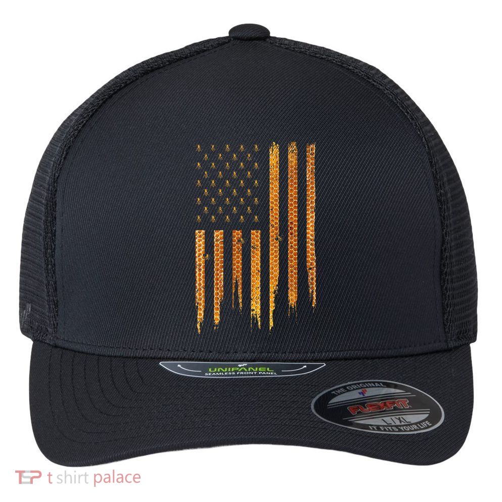 Beekeeping American Flag Honeycomb Honey Bees Beekeeper Flexfit Unipanel Trucker Cap