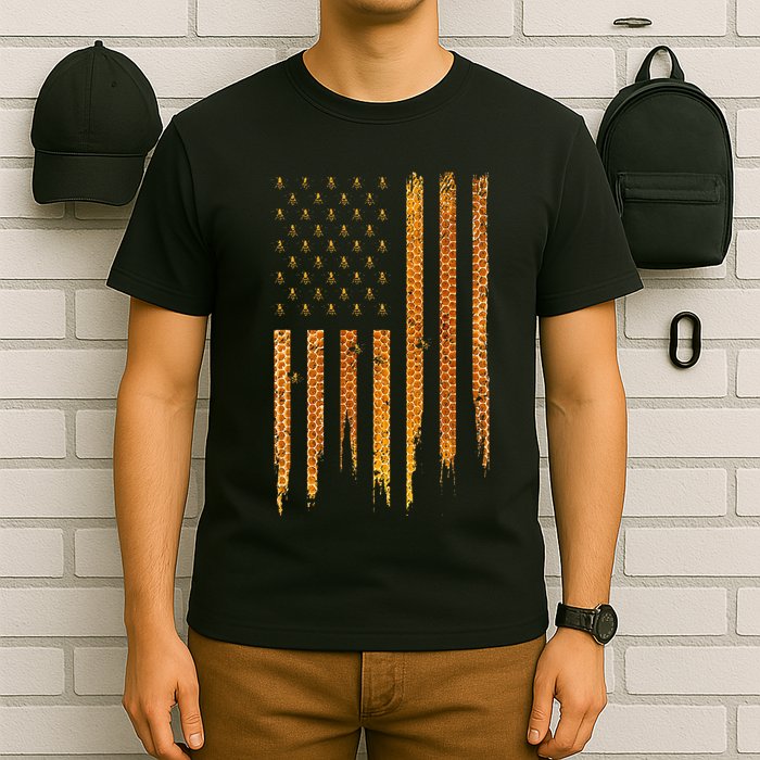 Beekeeping American Flag Honeycomb Honey Bees Beekeeper T-Shirt