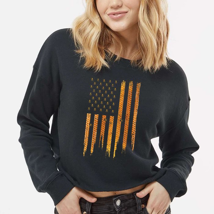 Beekeeping American Flag Honeycomb Honey Bees Beekeeper Cropped Pullover Crew