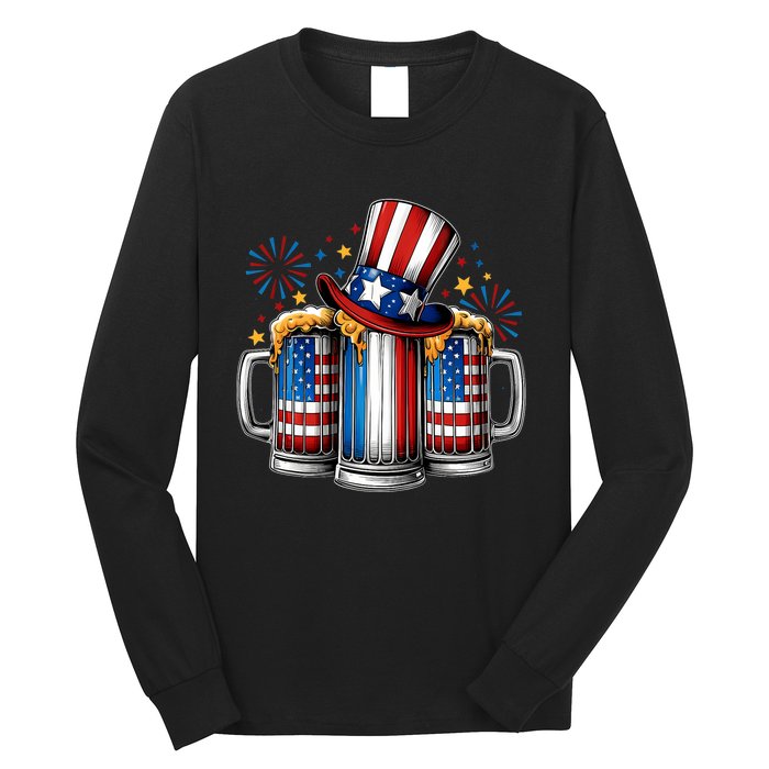 Beer American Flag 4th Of July Merica Drinking Usa Long Sleeve Shirt