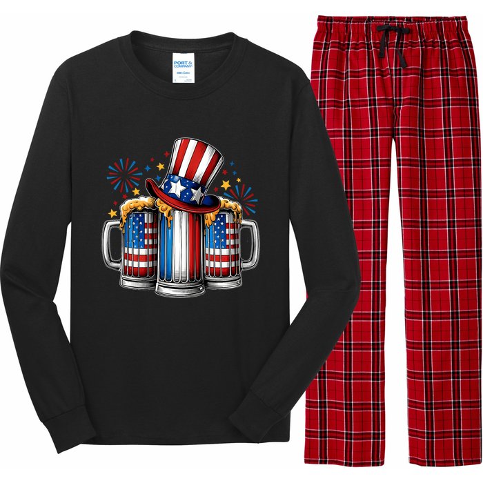 Beer American Flag 4th Of July Merica Drinking Usa Long Sleeve Pajama Set