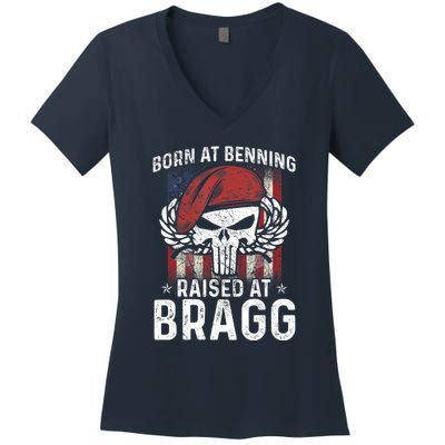 Born At Ft Benning Raised Fort Bragg Airborne, Veterans Day Women's V-Neck T-Shirt