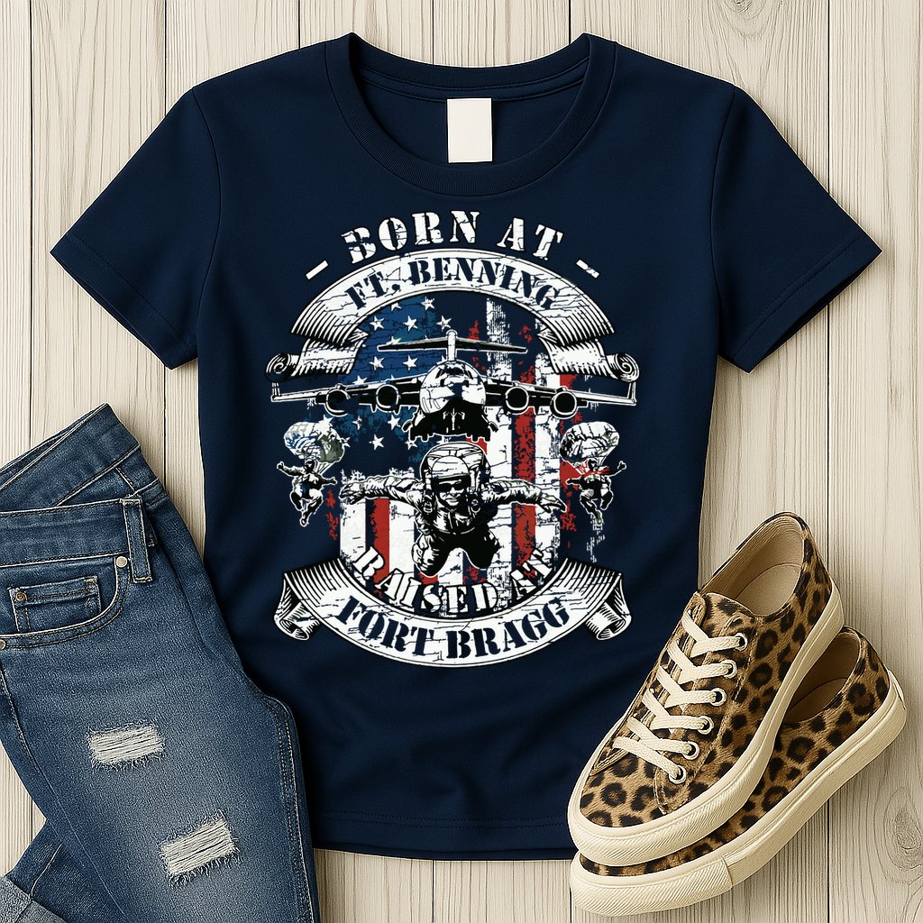 Born At Fort Benning Raised At Fort Bragg 82nd Airborne Womens T-Shirt