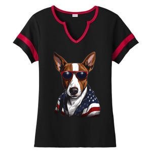 Basenji American Flag USA Tee 4th July Gifts Graphic Tees Ladies Halftime Notch Neck Tee