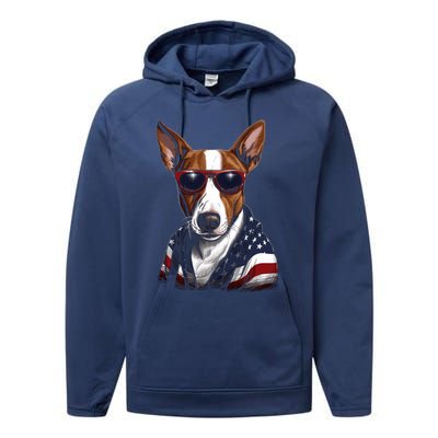 Basenji American Flag USA Tee 4th July Gifts Graphic Tees Performance Fleece Hoodie