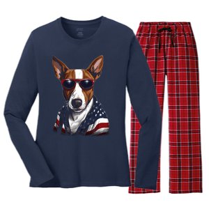 Basenji American Flag USA Tee 4th July Gifts Graphic Tees Women's Long Sleeve Flannel Pajama Set 